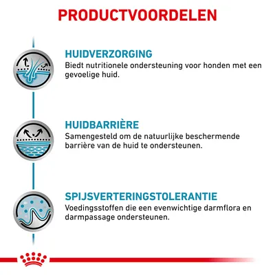 PRODUCTVOORDELEN: HUIDVERZORGING biedt nutritionele ondersteuning voor honden met een gevoelige huid. HUIDBARRIÈRE ondersteunt de natuurlijke huidbarrière. SPIJSVERTERINGSTOLERANTIE bevordert darmflora.
