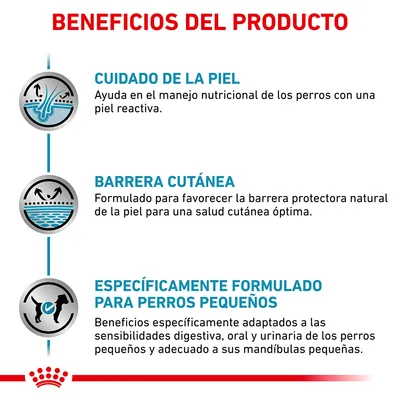Beneficios del producto: cuidado de la piel, barrera cutánea y específicamente formulado para perros pequeños. Texto explicativo sobre cada beneficio visible en la imagen.