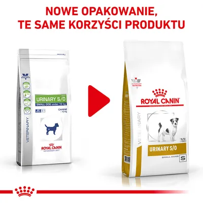 Nowe opakowanie karmy Royal Canin Urinary S/O Small Dogs; po lewej stare, po prawej nowe. Widoczny napis: NOWE OPAKOWANIE, TE SAME KORZYŚCI PRODUKTU.