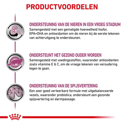 Productvoordelen: ondersteuning van de nieren in een vroeg stadium, ondersteunt het gezond ouder worden, ondersteuning van de spijsvertering. Zie afbeelding voor details.