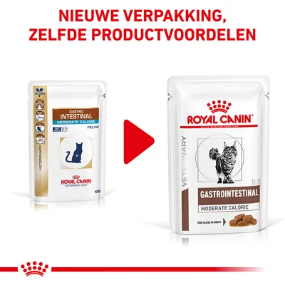Nieuwe verpakking Royal Canin Gastrointestinal Moderate Calorie kattenvoer, zelfde productvoordelen. Links oud design, rechts nieuw design met kat en brokjes zichtbaar.