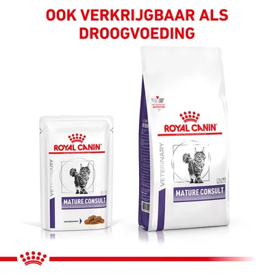 Royal Canin Veterinary Mature Consult nat- en droogvoeding voor katten. Tekst: Ook verkrijgbaar als droogvoeding.