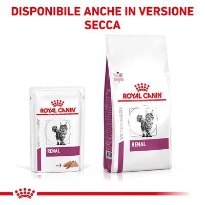 Royal Canin Veterinary Renal per gatti, confezione umido e secco. Testo visibile: DISPONIBILE ANCHE IN VERSIONE SECCA.