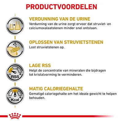 Productvoordelen: verdunning van de urine, oplossen van struvietstenen, lage RSS, matig energiegehalte. Uitleg over vermindering steenvorming en behoud ideaal gewicht.