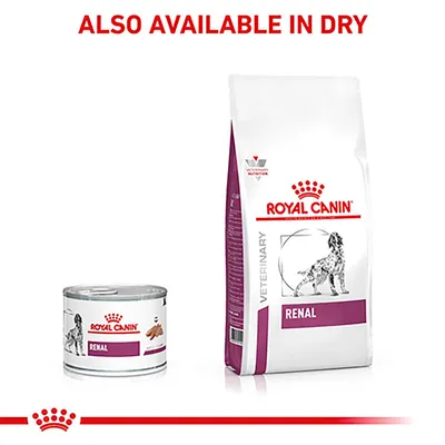 Renal food shown in wet and dry forms with text stating 'Also available in dry'.
