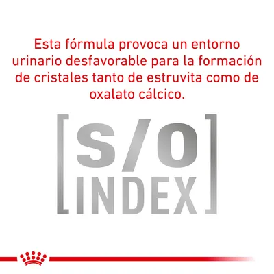 Esta fórmula provoca un entorno urinario desfavorable para la formación de cristales tanto de estruvita como de oxalato cálcico. [s/o] INDEX