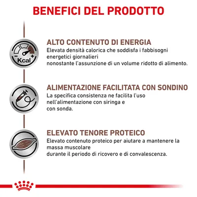 Benefici del prodotto: alto contenuto di energia, alimentazione facilitata con sondino, elevato tenore proteico. Testo in italiano con icone illustrative.