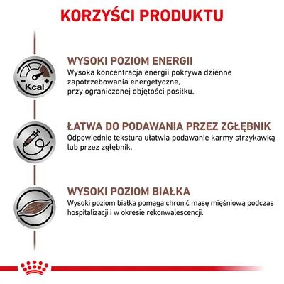 Korzyści produktu: wysoki poziom energii, łatwa do podawania przez zgłębnik, wysoki poziom białka. Szczegóły dotyczące energii, tekstury i ochrony masy mięśniowej widoczne na grafice.