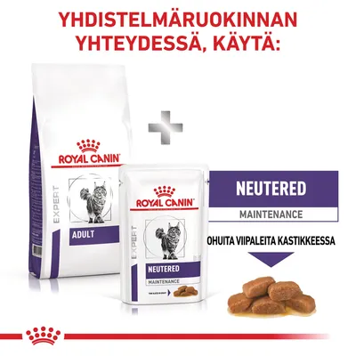 Royal Canin Expert Adult -kuivaruoka ja Neutered Maintenance -märkäruoka. Teksti: Yhdistelmäruokinnan yhteydessä, käytä: Ohuita viipaleita kastikkeessa.