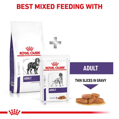 Royal Canin Expert Adult dry food bag and wet pouch for large dogs, text: Best mixed feeding with, Adult, thin slices in gravy. Visible dog illustration on packaging.