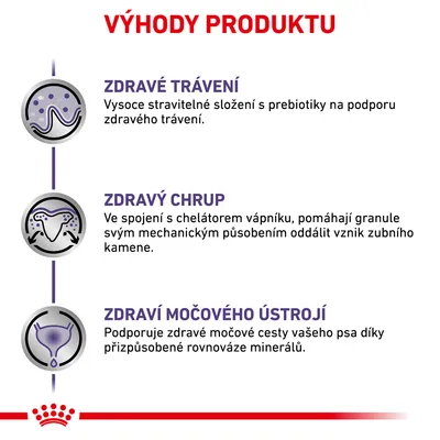 Výhody produktu: zdravé trávení, zdravý chrup, zdraví močového ústrojí. Popisy: podpora trávení, oddálení vzniku zubního kamene, zdravé močové cesty díky rovnováze minerálů.