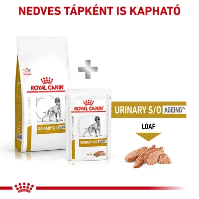 Royal Canin URINARY S/O AGEING 7+ kutyatáp száraz és nedves változatban, LOAF állagú. Felirat: NEDVES TÁPKÉNT IS KAPHATÓ.