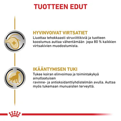 TUOTTEEN EDUT: HYVINVOIVAT VIRTSATIET – Liuottaa tehokkaasti struviittikiviä ja auttaa vähentämään jopa 80 % virtsakivien muodostumista. IKÄÄNTYMISEN TUKI – Tukee koiran elinvoimaa ja munuaisten terveyttä.
