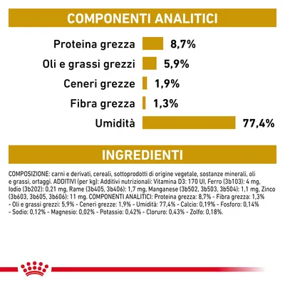 Componenti analitici: proteina grezza 8,7 %, oli e grassi grezzi 5,9 %, ceneri grezze 1,9 %, fibra grezza 1,3 %, umidità 77,4 %. Ingredienti: carni e derivati, cereali, ortaggi, minerali.
