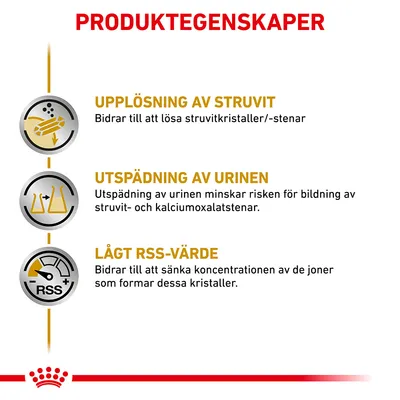 PRODUKTEGENSKAPER: Upplösning av struvit – bidrar till att lösa struvitkristaller/-stenar. Utspädning av urinen minskar risken för stenar. Lågt RSS-värde sänker koncentrationen av joner.
