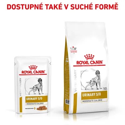 ROYAL CANIN URINARY S/O MODERATE CALORIE, kapsička a pytel s obrázkem psa. Text nahoře: DOSTUPNÉ TAKÉ V SUCHÉ FORMĚ.