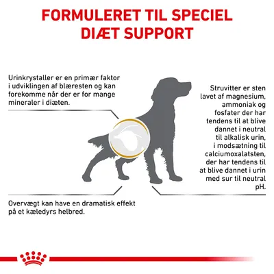 FORMULERET TIL SPECIEL DIÆT SUPPORT. Urinkrystaller er en primær faktor i udviklingen af blæresten. Struvitter dannes i neutral til alkalisk urin, calciumoxalat i sur til neutral pH. Overvægt påvirker helbred.