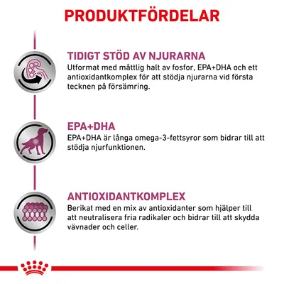 PRODUKTFÖRDELAR: Tidigt stöd av njurarna, EPA+DHA och Antioxidantkomplex. Text om stöd för njurfunktion och skydd av vävnader med antioxidanter. Svensk text.