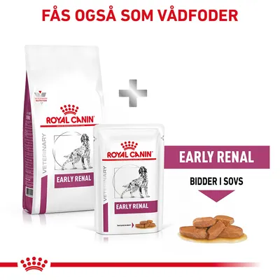 Royal Canin Veterinary Early Renal tør- og vådfoder til hund, tekst: Fås også som vådfoder, Early Renal, Bidder i sovs. Billede af foderstykker i sovs.
