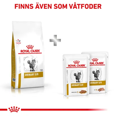 Royal Canin Urinary S/O torrfoderpåse och två våtfoderpåsar för katt. Text: Finns även som våtfoder.