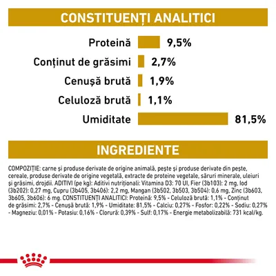 Constituenți analitici: proteină 9,5 %, grăsimi 2,7 %, cenușă brută 1,9 %, celuloză brută 1,1 %, umiditate 81,5 %. Ingrediente și aditivi nutriționali detaliați vizibil.
