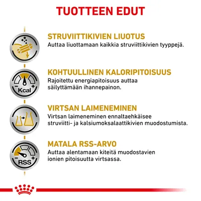 TUOTTEEN EDUT: struviittikivien liuotus, kohtuullinen kaloripitoisuus, virtsan laimeneminen, matala RSS-arvo. Selitykset jokaiselle edulle näkyvissä kuvateksteissä.
