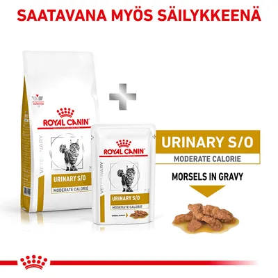Royal Canin Urinary S/O Moderate Calorie -kuivaruoka ja annospussi kissalle. Teksti: SAATAVANA MYÖS SÄILYKKEENÄ, Morsels in Gravy. Pakkauksissa kissa ja tuotetiedot.