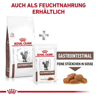 Royal Canin Gastrointestinal Katzenfutter, erhältlich als Trocken- und Feuchtnahrung. Feine Stückchen in Sosse abgebildet.