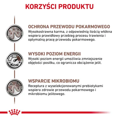 Korzyści produktu: ochrona przewodu pokarmowego, wysoki poziom energii, wsparcie mikrobiomu. Szczegóły dotyczące trawienia, energii i zdrowia jelit widoczne na grafice.