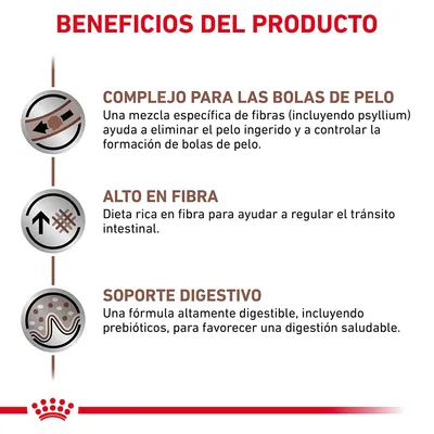 Beneficios del producto: complejo para las bolas de pelo, alto en fibra y soporte digestivo. Incluye fibras específicas, dieta rica en fibra y fórmula con prebióticos para la digestión.