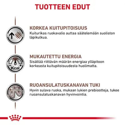 TUOTTEEN EDUT: KORKEA KUITUPITOISUUS – kuiturikas ruokavalio auttaa suoliston läpikulussa. MUKAUTETTU ENERGIA – riittävä energiamäärä. RUOANSULATUSKANAVAN TUKI – hyvin sulava ruoka, prebiootit.