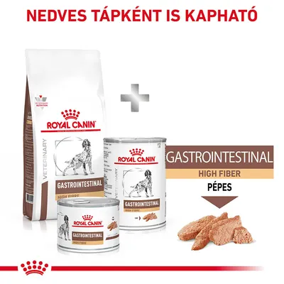 Royal Canin Gastrointestinal High Fiber száraz és nedves eledel kutyáknak, felirat: Nedves tápként is kapható, pépes állagú változat is látható.