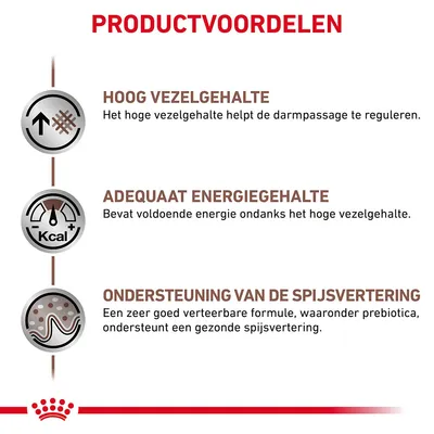 Productvoordelen: hoog vezelgehalte voor darmregulatie, adequaat energiegehalte ondanks vezels, ondersteuning van de spijsvertering met goed verteerbare formule en prebiotica.