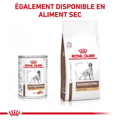 Royal Canin Gastrointestinal High Fibre pour chien, boîte et sac visibles. Texte : ÉGALEMENT DISPONIBLE EN ALIMENT SEC.