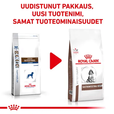 Uudistunut pakkaus, uusi tuotennimi, samat tuoteominaisuudet. Royal Canin Gastro Intestinal Junior vaihtuu Royal Canin Gastrointestinal Puppy -nimiseksi.