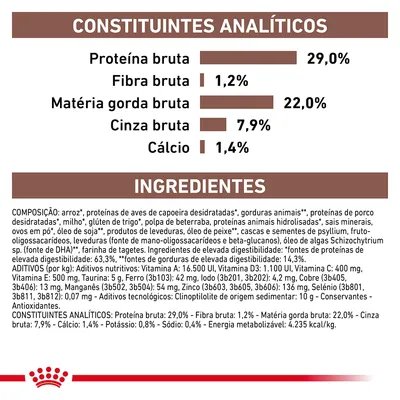 Constituintes analíticos: proteína bruta 29 %, fibra bruta 1,2 %, matéria gorda bruta 22 %, cinza bruta 7,9 %, cálcio 1,4 %. Ingredientes e aditivos detalhados visíveis na imagem.