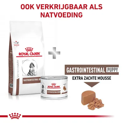 Royal Canin Gastrointestinal Puppy droog- en natvoer, extra zachte mousse. Tekst: Ook verkrijgbaar als natvoeding, Gastrointestinal Puppy, extra zachte mousse.