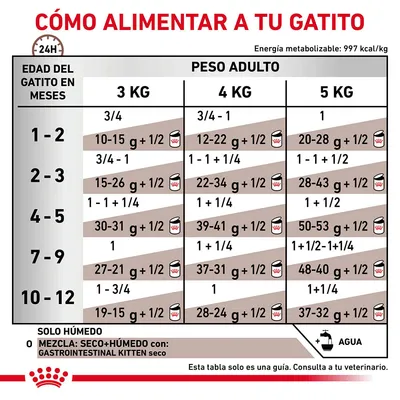 Tabla de alimentación para gatitos según edad en meses y peso adulto: 3, 4 o 5 kg. Incluye cantidades diarias de comida húmeda y mezcla con seco. Recomendación de agua y consulta veterinaria.