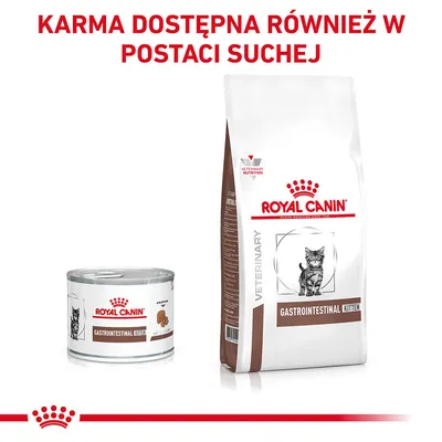 ROYAL CANIN GASTROINTESTINAL KITTEN – karma mokra i sucha dla kociąt. Napis: Karma dostępna również w postaci suchej.