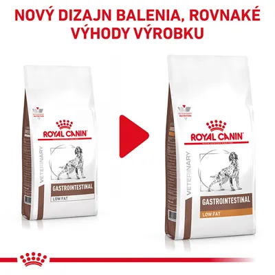 Nový dizajn balenia Royal Canin Gastrointestinal Low Fat, rovnaké výhody výrobku. Dve balenia s nápisom VETERINARY NUTRITION a obrázkom psa.