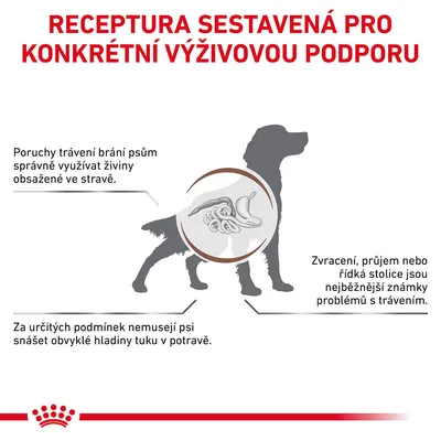 Receptura sestavená pro konkrétní výživovou podporu. Poruchy trávení brání psům využívat živiny, zvracení a průjem jsou běžné příznaky, psi nemusí snášet obvyklé hladiny tuku.