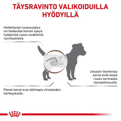 Täysravinto valikoiduilla hyödyillä: heikentynyt ruoansulatus voi vähentää ravintoaineiden imeytymistä, pienet koirat alttiita virtsateiden herkkyyksille, rasvapitoisuus ei aina sovi.