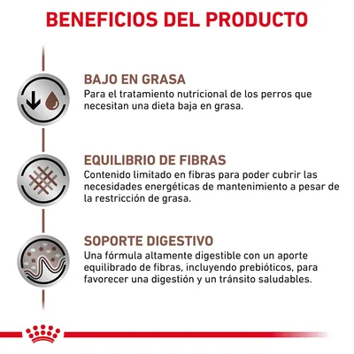 Beneficios del producto: bajo en grasa, equilibrio de fibras y soporte digestivo. Explicaciones sobre dieta baja en grasa, contenido limitado en fibras y fórmula digestible con prebióticos. Beneficios del producto: bajo en grasa, equilibrio de fibras y soporte digestivo. Explicaciones sobre dieta baja en grasa, contenido limitado en fibras y fórmula digestible con prebióticos.