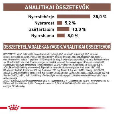 Analitikai összetevők: nyersfehérje 35,0 %, nyersrost 5,2 %, zsírtartalom 13,0 %, nyershamu 8,0 %. Összetevők és adalékanyagok részletes felsorolása látható.