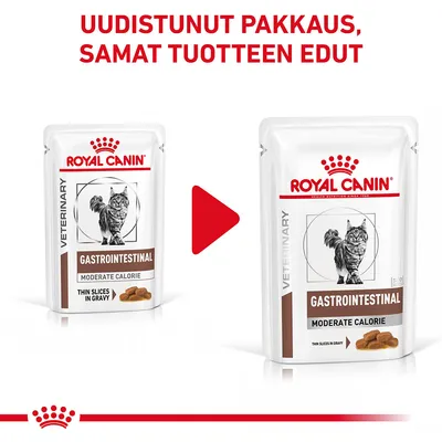 Royal Canin Gastrointestinal Moderate Calorie -kissanruoan uudistunut pakkaus, samat tuotteen edut. Pakkauksessa teksti: Thin Slices in Gravy.