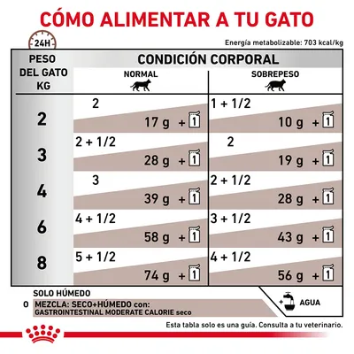 Tabla de alimentación para gatos según peso (2–8 kg) y condición corporal (normal o sobrepeso), con cantidades diarias en gramos y sobres. Incluye recomendación de agua y consulta veterinaria.