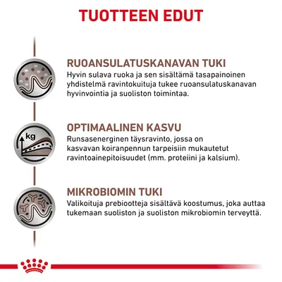 Tuotteen edut: ruoansulatuskanavan tuki, optimaalinen kasvu ja mikrobiomin tuki. Teksti korostaa ravintokuituja, proteiinia, kalsiumia ja prebiootteja koiranpennun hyvinvointiin.