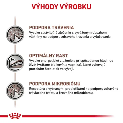 Výhody výrobku: podpora trávenia, optimálny rast, podpora mikrobiómu. Text o zložení a účinkoch na trávenie, rast a črevný mikrobióm. Text v slovenčine.