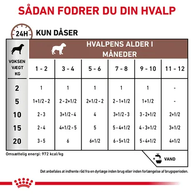 Fodringsvejledning for hvalpe: tabel med voksen vægt 2–20 kg og alder 1–12 måneder, daglige dåsemængder. Omsættelig energi: 972 kcal/kg. Husk vand. Rådfør dig med dyrlæge.