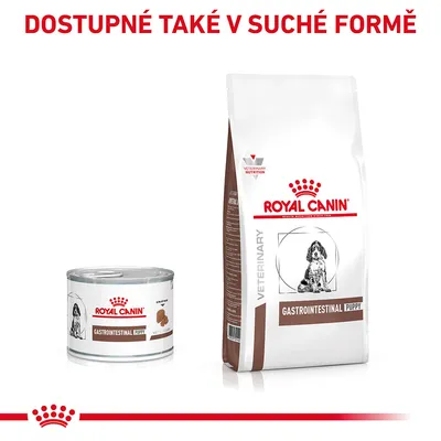 ROYAL CANIN GASTROINTESTINAL PUPPY konzerva a suché krmivo, nápis: DOSTUPNÉ TAKÉ V SUCHÉ FORMĚ